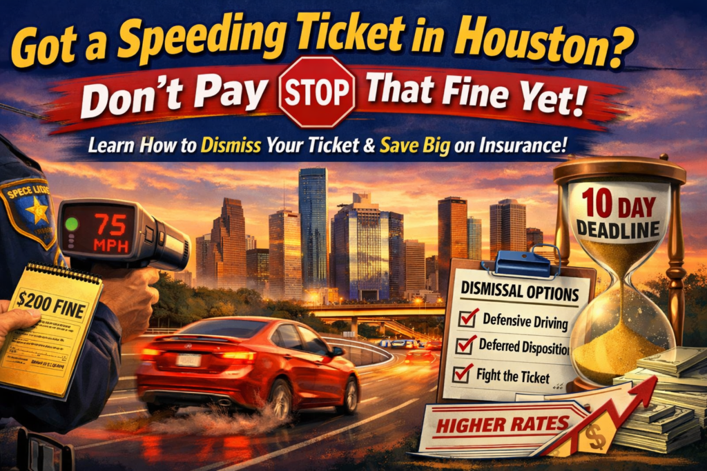 Speeding Ticket in Houston banner explaining how to dismiss a traffic ticket and avoid insurance rate increases.