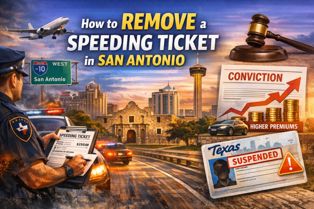 San Antonio Speeding Ticket removal guide banner showing police officer issuing a ticket on highway with Texas driving record and insurance increase illustration.