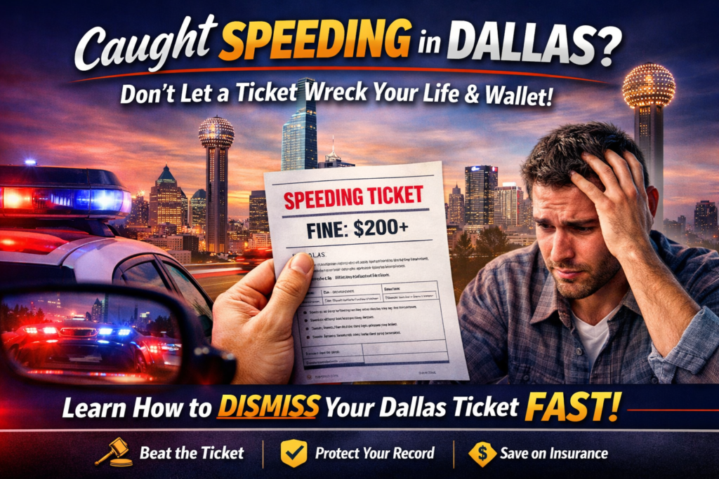 Driver holding a speeding ticket in front of the Dallas skyline with police lights flashing, representing how to handle a speeding ticket in Dallas and avoid fines.