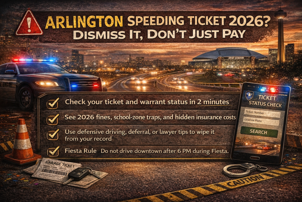 Arlington Speeding Ticket 2026 banner showing police lights, highway, and tips to dismiss a speeding ticket using defensive driving, deferral, or legal options instead of paying the fine.