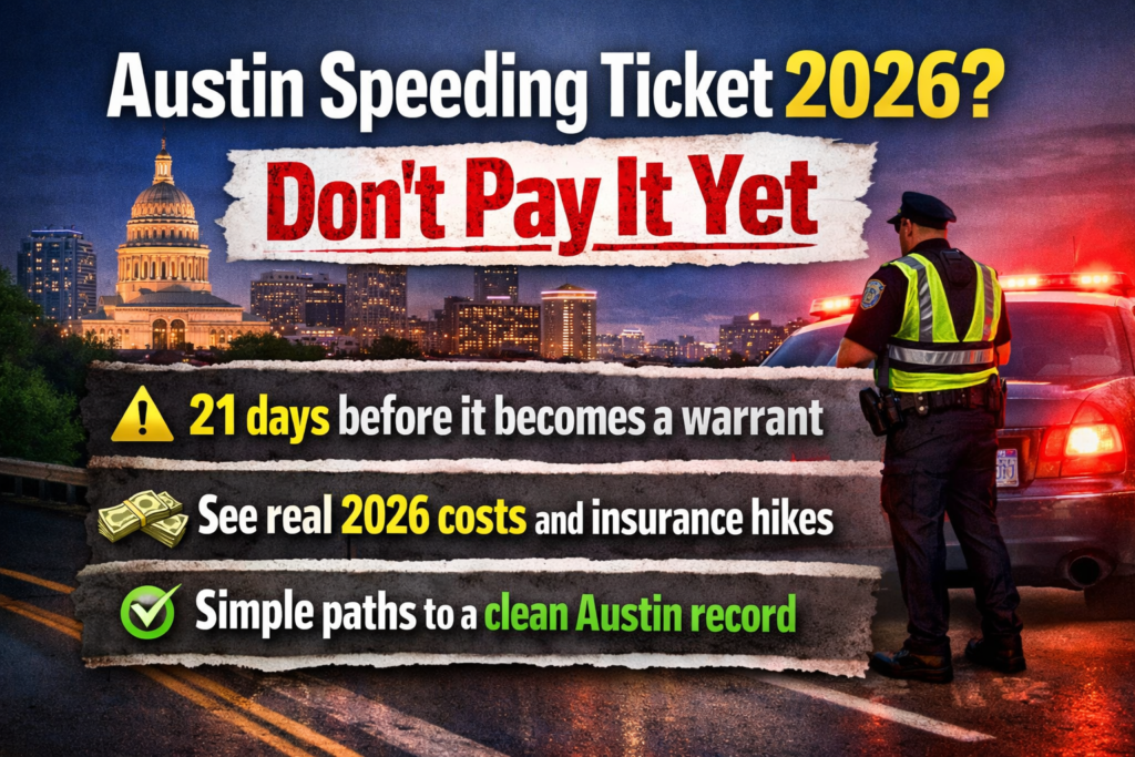 Austin Speeding Ticket 2026 banner showing warning about 21 days before warrant, real 2026 costs, insurance hikes, and ways to keep a clean Austin driving record
