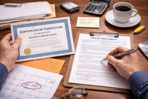 Driver submitting paperwork to the court to complete the Austin speeding ticket dismissal process before the deadline