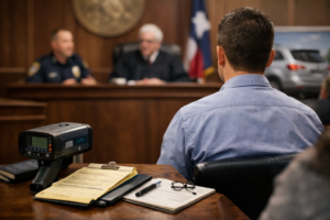 Austin speeding ticket dismissal courtroom trial scene with radar gun evidence and driver contesting traffic citation