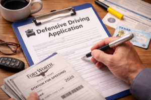 Driver using a laptop to complete an online defensive driving course as part of the Austin speeding ticket dismissal process