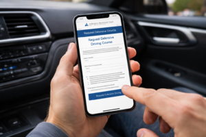 Driver using a laptop to request defensive driving course online for Austin speeding ticket dismissal