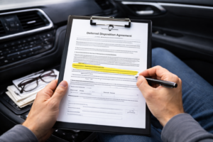 Driver reviewing deferred disposition agreement as an option for Austin speeding ticket dismissal