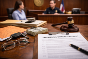 Driver reviewing court paperwork for Austin speeding ticket dismissal through deferred disposition option