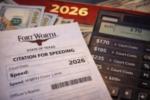 Speeding ticket and calculator showing traffic fine costs representing Austin speeding ticket dismissal and the financial impact of speeding violations