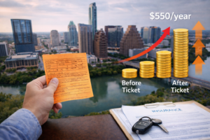Austin speeding ticket dismissal concept showing driver holding traffic ticket with rising insurance costs and financial impact