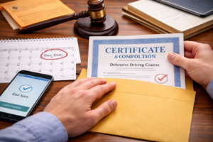 Austin speeding ticket dismissal process showing driver submitting paperwork and course completion documents to the court