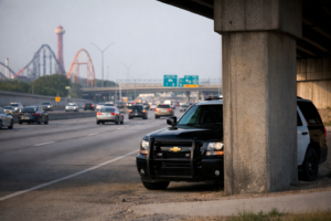 Police vehicle monitoring traffic on a Texas highway related to Austin speeding ticket dismissal and traffic enforcement