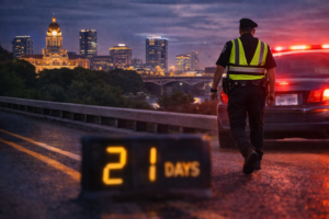 Police officer walking away from a pulled-over car during a traffic stop illustrating Austin speeding ticket dismissal process and response deadline