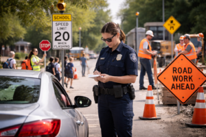 Police officer issuing a speeding ticket in a school and construction zone related to Austin speeding ticket dismissal laws
