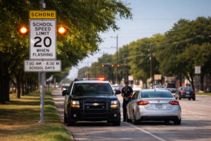 Police stopping a driver in a school zone related to Austin speeding ticket dismissal and school zone speeding enforcement
