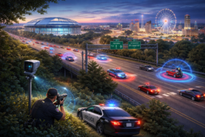 Police monitoring traffic with radar on a busy highway representing Austin speeding ticket dismissal and speed trap enforcement