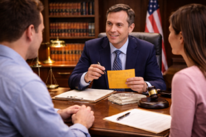 Driver consulting a traffic ticket lawyer about Austin speeding ticket dismissal in a courtroom setting