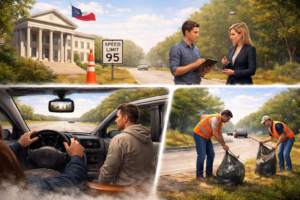 Driver interacting with police during high-speed stop, dashcam recording, courthouse consultation, and community service scene illustrating criminal speed limit in Texas and ways to protect driving record in 2026