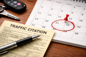 Driver reviewing a traffic ticket with concern representing the 14 day deadline rule to dismiss a speeding ticket in Corpus Christi 2026