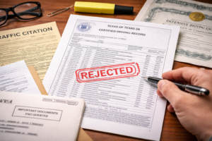 Driver reviewing official driving record paperwork required to dismiss a speeding ticket in Corpus Christi 2026