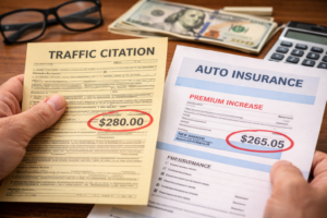 Driver reviewing a traffic ticket and increased car insurance cost illustrating why many drivers try to dismiss a speeding ticket in Corpus Christi 2026