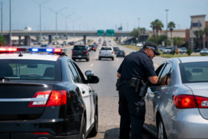 Police officer pulling over a driver on a busy highway in Corpus Christi representing a situation where drivers may need help to dismiss a speeding ticket in Corpus Christi 2026