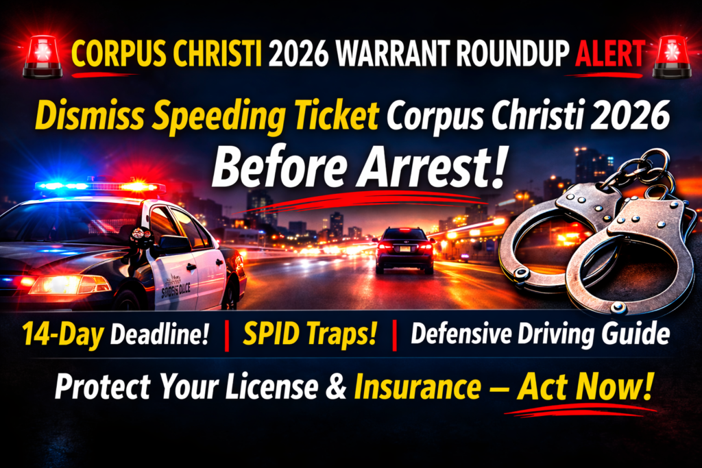 Dismiss Speeding Ticket Corpus Christi 2026 warrant roundup alert banner showing police car, handcuffs and 14-day deadline warning
