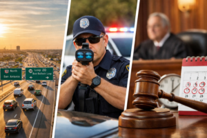 Dismiss speeding ticket Laredo concept showing police radar, highway traffic, and court gavel scene