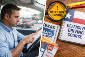 Dismiss speeding ticket Laredo concept showing driver reviewing citation and defensive driving course materials for ticket dismissal