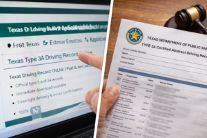 Dismiss speeding ticket Laredo concept showing driver reviewing Texas driving record paperwork required for ticket dismissal