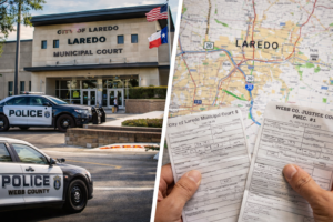 Dismiss speeding ticket Laredo concept showing municipal and county court buildings with police vehicles and driver comparing citations on a city map