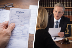 Dismiss speeding ticket Laredo concept showing driver holding citation and consulting a traffic lawyer for legal help