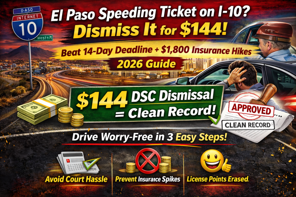 El Paso I-10 speeding ticket dismissal banner showing $144 defensive driving course to avoid insurance hikes and clear driving record in 2026
