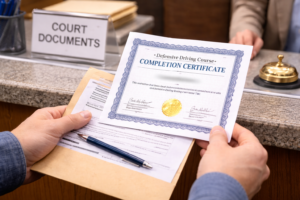 Driver submitting defensive driving completion paperwork for El Paso speeding ticket dismissal