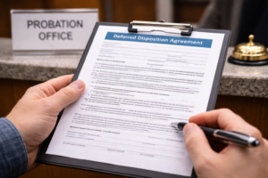 Driver reviewing court probation paperwork related to El Paso speeding ticket dismissal