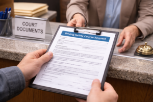 Driver submitting defensive driving request at court for El Paso speeding ticket dismissal