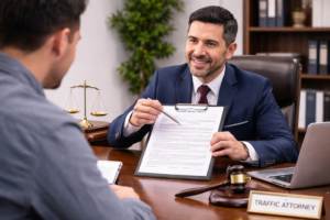 Driver discussing traffic ticket case with lawyer for El Paso speeding ticket dismissal