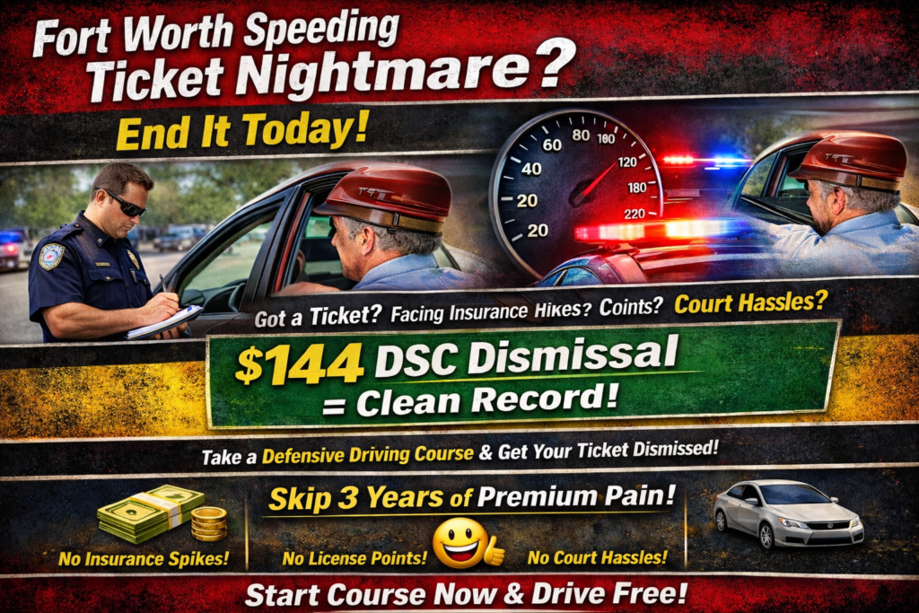 Fort Worth Speeding Ticket Dismissal 2026 showing a driver being pulled over and DSC dismissal benefits to keep a clean record.