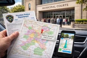 Driver holding a Houston police traffic citation and city map outside Houston Municipal Courts while checking directions on a phone to resolve a Speeding Ticket in Houston.