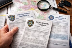 Speeding Ticket in Houston paperwork from Houston Police Department and Harris County Constable displayed on a Texas city map.