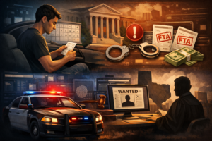 Illustration showing consequences when you ignore a speeding ticket in Texas, including court process, fines, police action, and warrant development over 30 days.