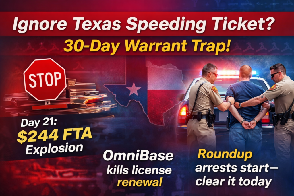 Ignore a speeding ticket in Texas warning banner showing 30-day warrant trap, $244 FTA fine, OmniBase license block, and arrest risk visuals
