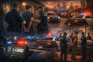 Illustration showing police arrest operations and surveillance systems during a warrant roundup after you ignore a speeding ticket in Texas.