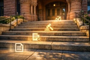 San Antonio courthouse steps with legal icons representing the San Antonio speeding ticket dismissal process.