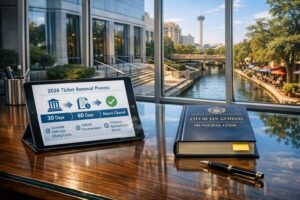 San Antonio office desk showing a tablet with the San Antonio speeding ticket removal process and municipal code book overlooking the River Walk.