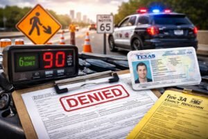Police radar detecting speeding violation connected to a Speeding Ticket in Houston with traffic citation paperwork.