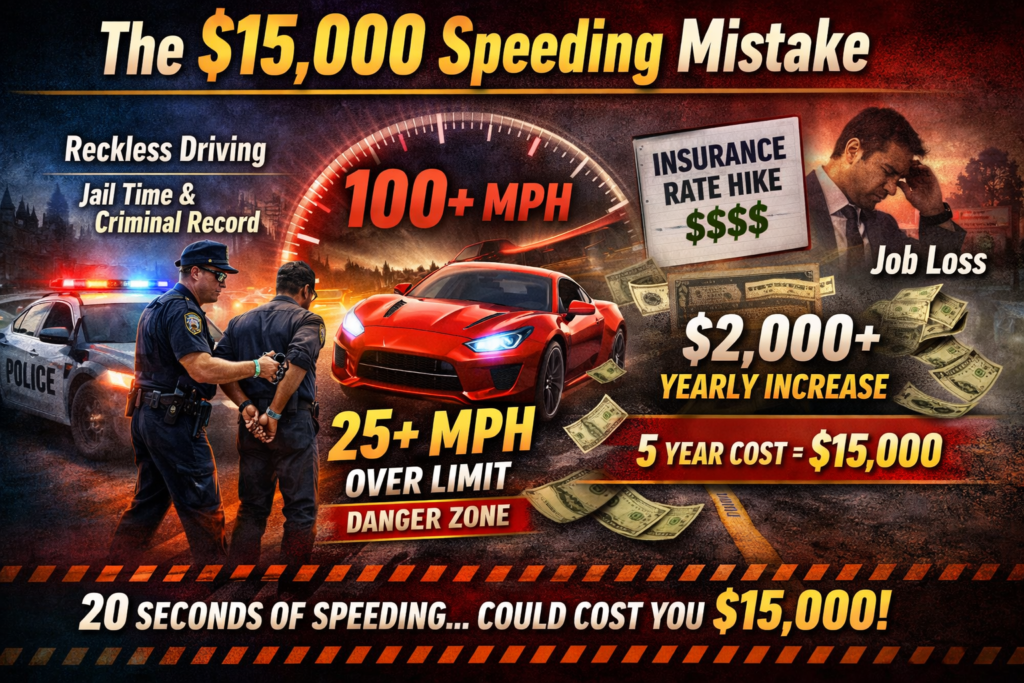 Texas Criminal Speed Limit Revealed concept image showing high-speed car, police traffic stop, and financial impact of reckless driving highlighting $15,000 long-term cost risk.
