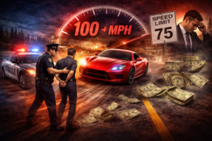 Texas Criminal Speed Limit Revealed concept image showing a fast moving car and police traffic stop symbolizing legal and financial risks of excessive speeding in Texas.