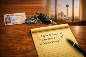 “San Antonio speeding ticket checklist with Texas driver license and car keys.”