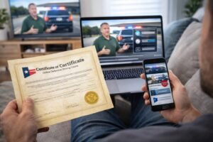 Person holding an online defensive driving certificate while watching a course on laptop and phone, showing how to handle a Speeding Ticket in Houston and dismiss a traffic violation.