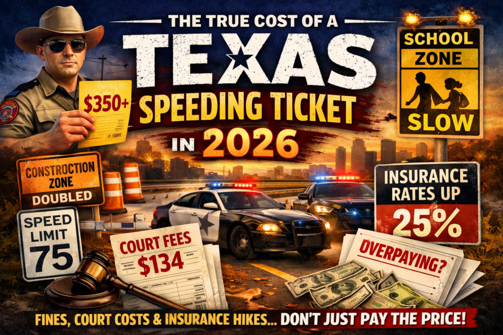 Texas speeding ticket cost in 2026 showing fines, court fees, school zone penalties, and rising insurance rates after a traffic violation